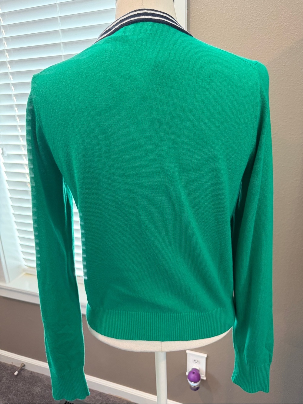 Women’s J. Crew Green Crewneck Cardigan with Navy Stripe Trim - Picture 4 of 8